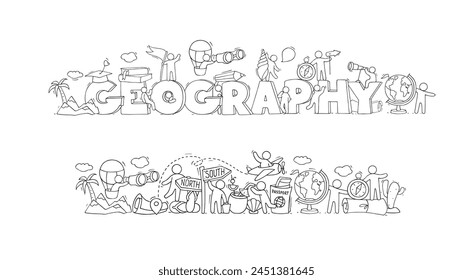 Doodle banners of geography, school science education. Sketch banner and icons of world travel with map, compass, globe and people on train, airplane and car, vector hand drawn illustration