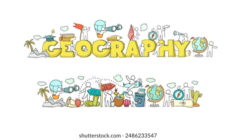 Doodle banners of geography, school science education. Sketch banner and icons of world travel with map, compass, globe and people on train, airplane and car, vector hand drawn illustration