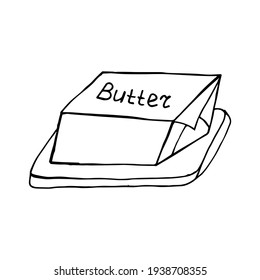 Doodle bar of butter on a pad. Isolated hand drawn food element for farm, market, fair or ingredient for recipe book. Hand drawn fresh slice sketch piece of butter vector illustration.