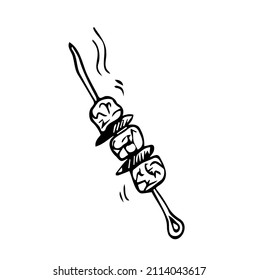 Doodle barbecue in skewer illustration in vector. Hand drawn barbecue in skewer icon in vector. Doodle kebab illustration in vector.