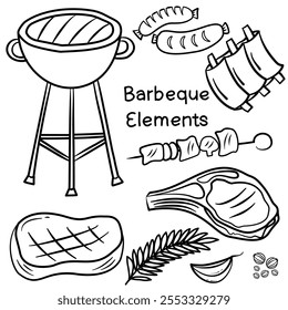 Doodle barbeque. Barbecue grill hand-drawn outline doodle Set. BBQ Vector Illustration Barbecue party Sketch. BBQ collection.