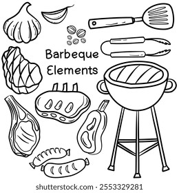 Doodle barbeque. Barbecue grill hand-drawn outline doodle Set. BBQ Vector Illustration Barbecue party Sketch. BBQ collection.