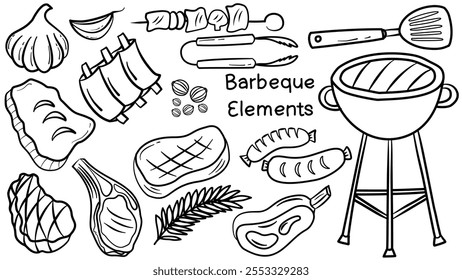 Doodle barbeque. Barbecue grill hand-drawn outline doodle Set. BBQ Vector Illustration Barbecue party Sketch. BBQ collection.