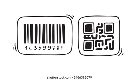 Doodle-Strichcode. Doodle QR-Code. Handgezeichnete Bezugssymbole Kollektion. Barcode und QR Code Doodles. Vektorillustration