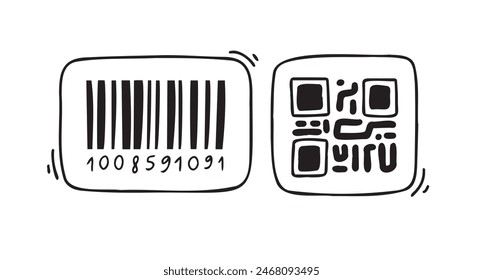 Doodle barcode. Doodle QR code. Hand drawn datum symbols collection. Barcode and QR code doodles. Vector illustration