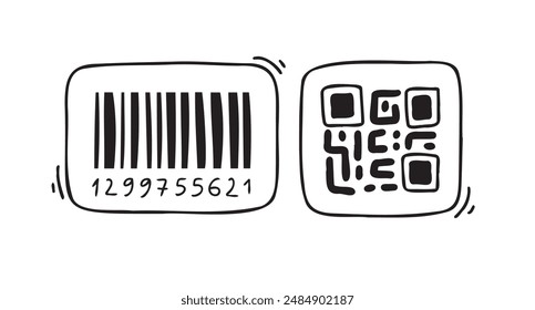 Doodle-Strichcode. Doodle QR-Code. Handgezeichnete Bezugssymbole Kollektion. Barcode und QR Code Doodles. Vektorillustration