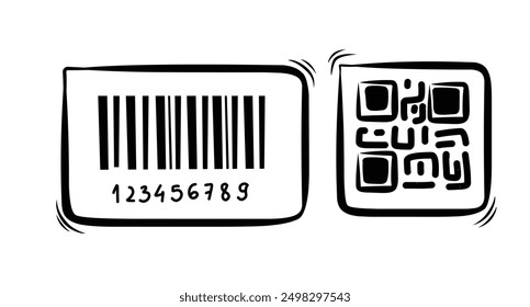 Doodle-Strichcode. Doodle QR-Code. Handgezeichnete Kollektion von Bezugszeichen. Barcode- und QR-Code-Doodles.  Doodle-Stil 