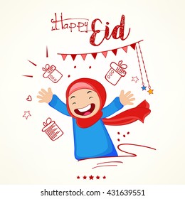 Doodle based line art design with cute happy girl on decorative background for Happy Id.
