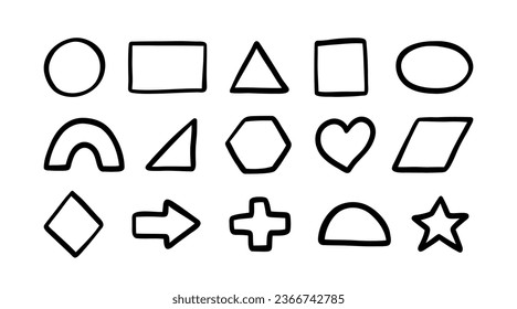 Doodle geometrische Grundformen Satz. Sammlung handgezeichneter Mathefigur-Symbole. Doodle süße Kreis, Quadrat und Dreieck. Kinderzeichnung zum Lernen von Spielen. Vektorgrafik einzeln auf weißem Hintergrund.