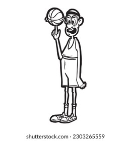 Doodle basketball cartoon character. Retro poster vector illustration.