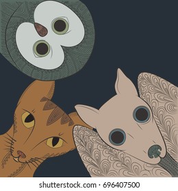 Doodle bat, cat and owl head vector illustration. Night animals Zen Tangle. Wild nature colouring book.