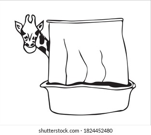 Doodle bath with curtain and giraffe. Funny illustration, animal in the bath in vector.