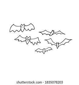 Doodle bats set. Hand drawn creepy winged animals isolated on white background. Outline flittermouse flock. Collection for Halloween, print, autumn holidays, scary childish design. Vector illustration