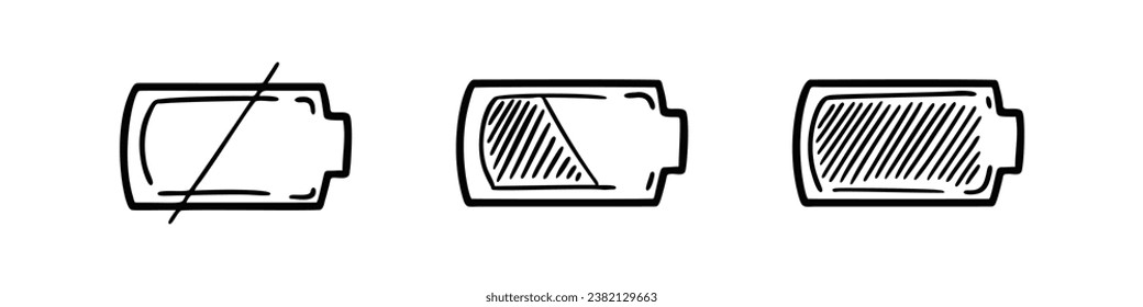 Doodle battery charging level. Low, full, empty, discharged mobile phone. Energy percentage indicator. Power strength sketch icon