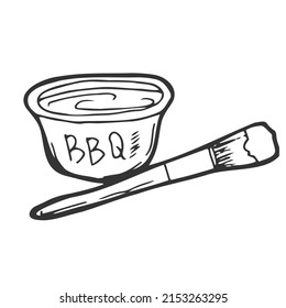 Doodle BBQ Sauce Bowl With Brush Vector Icon.Black Vector Icon Isolated On White Background Bottle Sauce.