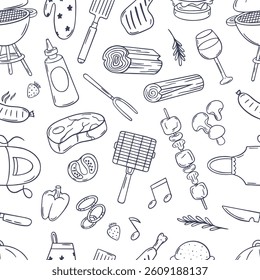 Doodle bbq seamless pattern. Grill accessories, food, meat and vegetables. Fabric wallpaper wrapping hand drawn print design, neoteric vector background