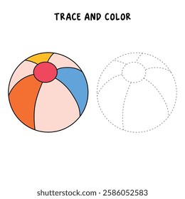 Doodle beach ball clipart vector isolated on white background. Ball kids toy clipart. Beach ball coloring pages worksheets for kids summer activity printable. Trace and color beach ball. 