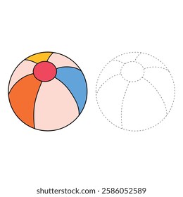 Doodle beach ball clipart vector isolated on white background. Ball kids toy clipart. Beach ball coloring pages worksheets for kids summer activity printable. Trace and color beach ball. 