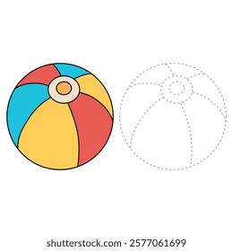 Doodle beach ball coloring pages worksheets for kids summer activity printable. Trace and color beach ball. Beach ball clipart vector isolated on white background. Ball kids toy clipart.