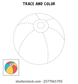 Doodle beach ball coloring pages worksheets for kids summer activity printable. Trace and color beach ball. Beach ball clipart vector isolated on white background. Ball kids toy clipart.