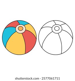 Doodle beach ball coloring pages worksheets for kids summer activity printable. Trace and color beach ball. Beach ball clipart vector isolated on white background. Ball kids toy clipart.