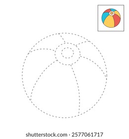 Doodle beach ball coloring pages worksheets for kids summer activity printable. Trace and color beach ball. Beach ball clipart vector isolated on white background. Ball kids toy clipart.