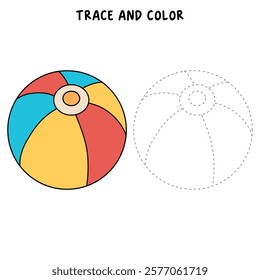 Doodle beach ball coloring pages worksheets for kids summer activity printable. Trace and color beach ball. Beach ball clipart vector isolated on white background. Ball kids toy clipart.