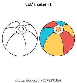 Doodle beach ball coloring pages worksheets for kids summer activity printable. Trace and color beach ball. Beach ball clipart vector isolated on white background. Ball kids toy clipart.