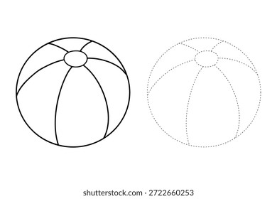 Doodle bola de playa para colorear hojas de trabajo para niños actividad de verano imprimible. Trazo y color de la pelota de playa. Vector del Clipart de la bola de playa aislado en el fondo blanco. Clipart de juguete de los niños de la bola.