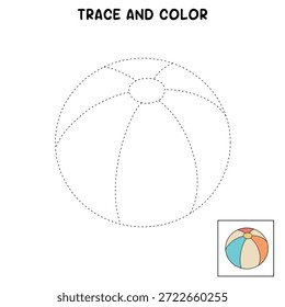 Doodle bola de playa para colorear hojas de trabajo para niños actividad de verano imprimible. Trazo y color de la pelota de playa. Vector del Clipart de la bola de playa aislado en el fondo blanco. Clipart de juguete de los niños de la bola.