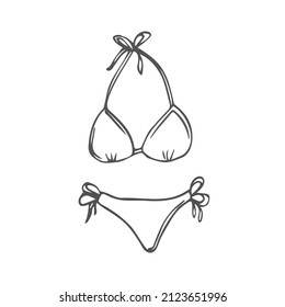 Esbozo de Doodle Beach Bikini en vector. Icono de bañador de verano aislado en blanco