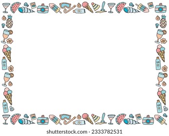 Doodle beach elements frame, simple rectangular summer vacation border, invitation card sunny design	