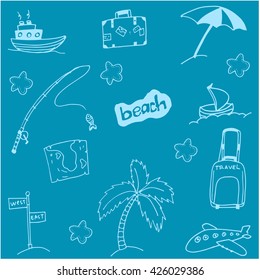 Doodle of beach holiday with blue backgrounds