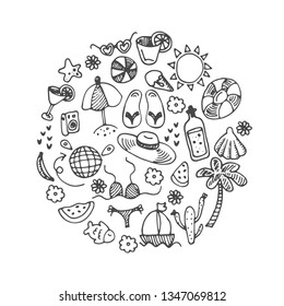Doodle beach icons. Vector hand drawn summer objects with sun, palm, sunglasses, cocktail, sea, hat. Circle concept of doodle travel and trip adventure