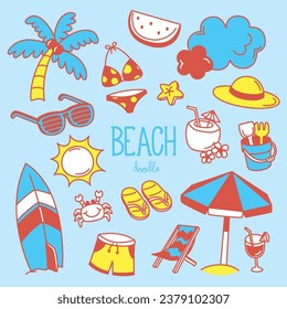 Doodle of beach items. Hand drawing vector illustration of beach vibes.