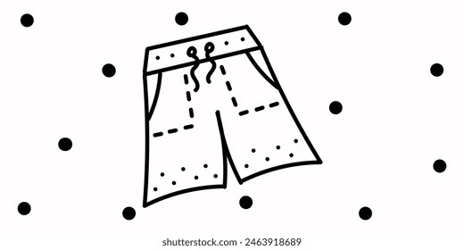 Pantalón corto de hombre de playa Doodle con lunares decorativos. Ilustración de Vector dibujado a mano en colores blanco y negro. Aislado sobre fondo blanco. Uno de la colección para el verano	