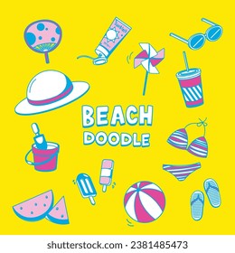 Doodle beach objects. Hand drawing vector illustration of beach.