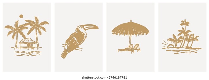 Doodle beach and surf vector illustration set. Tropical naive coastal elements like palm trees, waves, woman with surfboard, and sun perfect for summer designs, t-shirts, posters, and placard prints.
