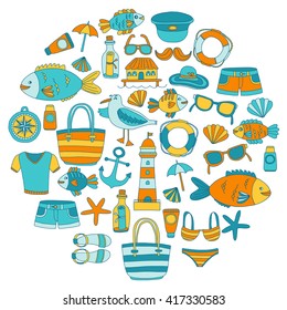 Doodle beach and Travel icons Hand drawn picture