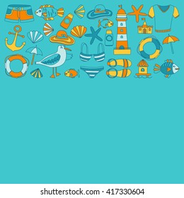 Doodle beach and Travel icons Hand drawn picture