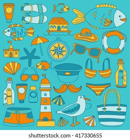 Doodle beach and Travel icons Hand drawn picture