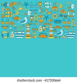 Doodle beach and Travel icons Hand drawn picture