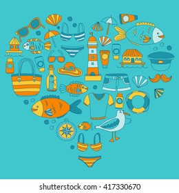 Doodle beach and Travel icons Hand drawn picture