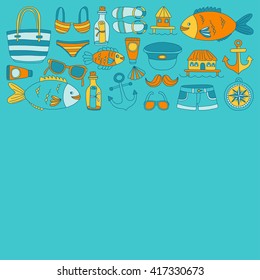 Doodle beach and Travel icons Hand drawn picture