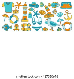 Doodle beach and Travel icons Hand drawn picture
