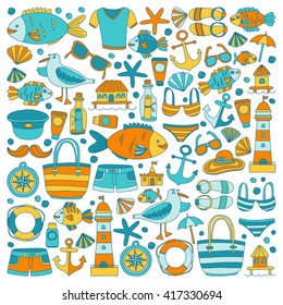 Doodle beach and Travel icons Hand drawn picture