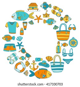 Doodle beach and Travel icons Hand drawn picture