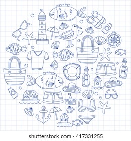 Doodle beach and Travel icons Hand drawn picture