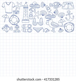 Doodle beach and Travel icons Hand drawn picture