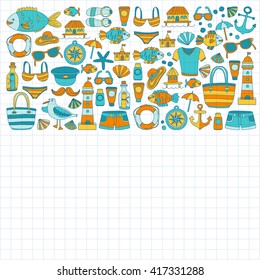 Doodle beach and Travel icons Hand drawn picture
